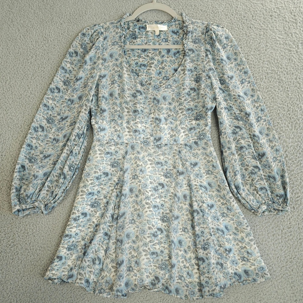 LoveShackFancy Cassidy Dress 0 Blue Floral Puff Sleeve Ocean Breeze Ruffled Mini